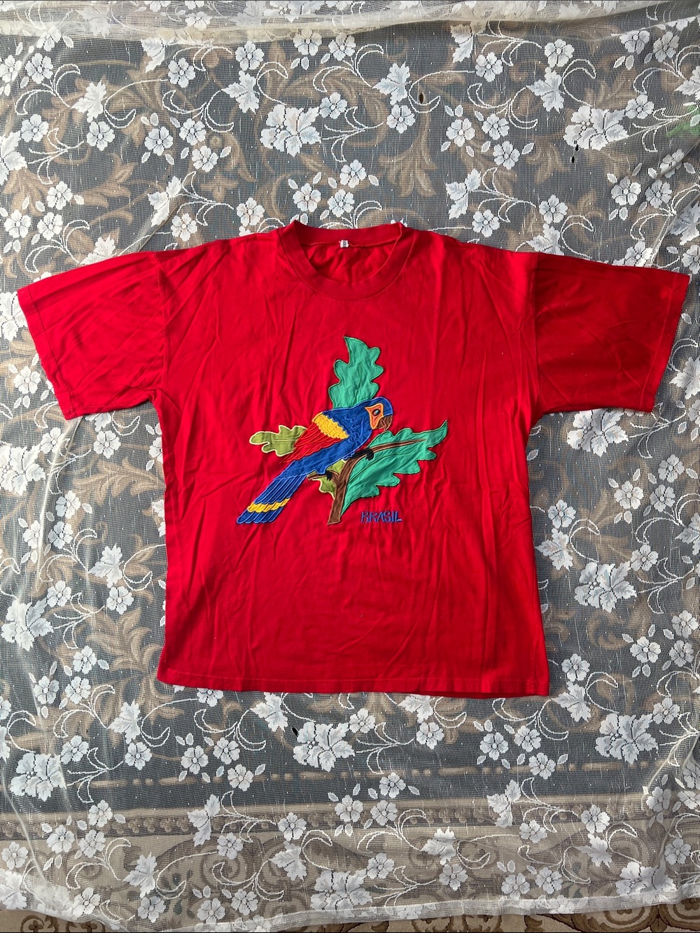 Brasil Red Parrot Graphic Tee Embroidered Patchwork Vintage